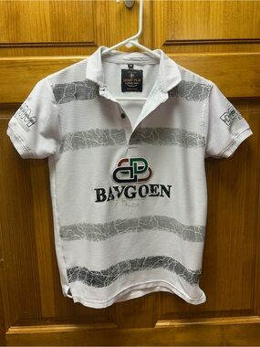 Smart Play Bavgoen Graphic Polo Shirt White Gray Striped Y2K Streetwear Size 32
